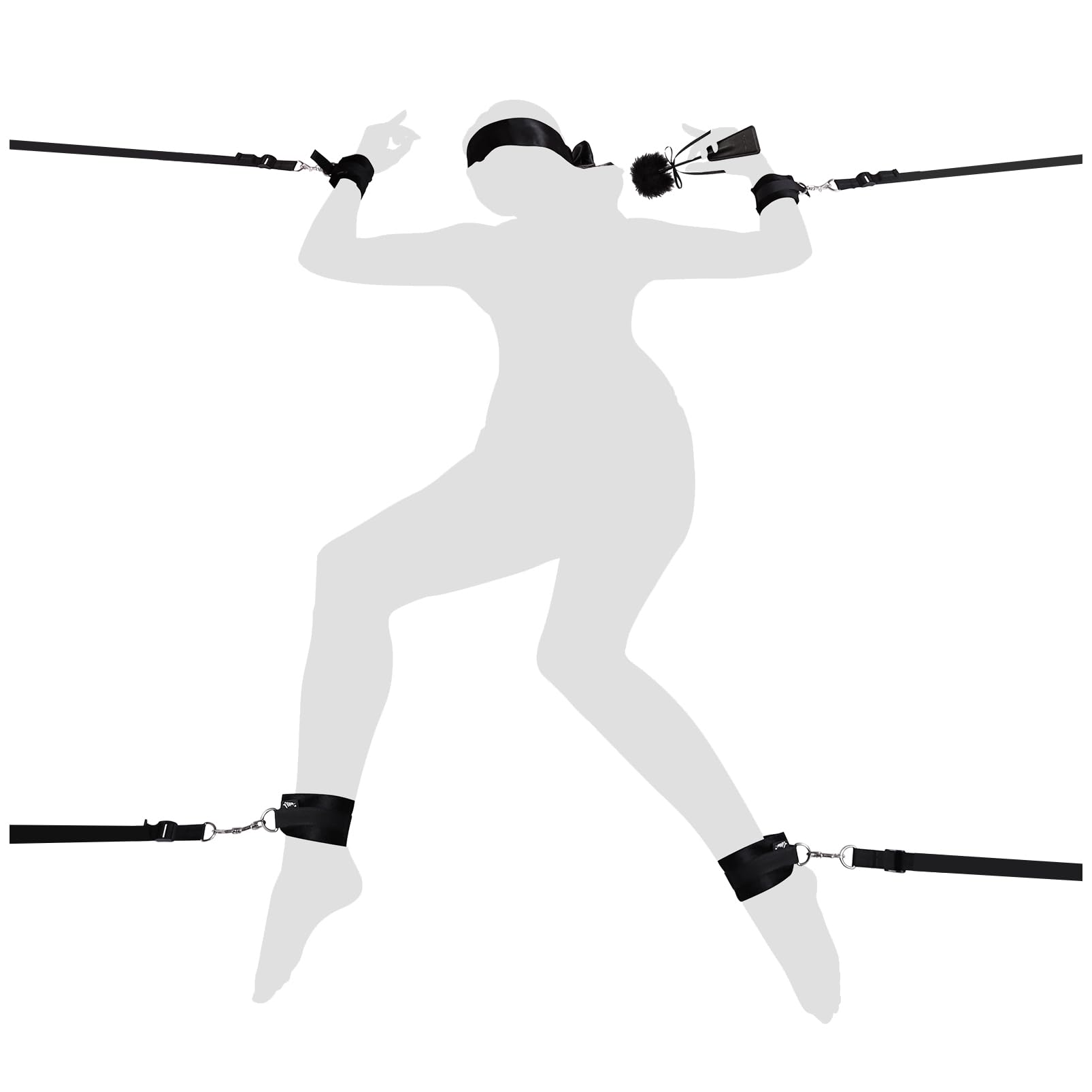 BDSM Bondage Restraint Sex Toys - UTIMI Bed Sex Straps Set with Handcuffs Ankle Cuffs Blindfold Feather Tickler & 4 Separate Straps Adult Kinky Bondage Rope Toy for Men Women and Couples | Queen Size Black Queen Size-4 Point Bondage