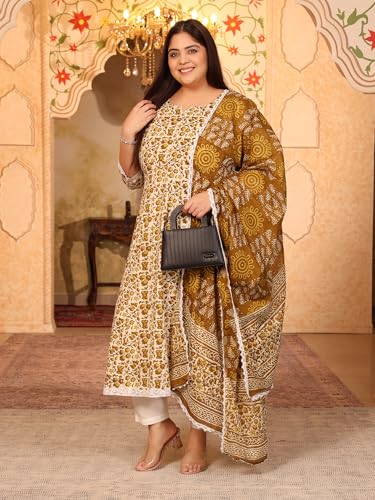 Image of MEERA FAB Women's Pure Cotton Printed Anarkali Kurta with Palazzos & Dupatta