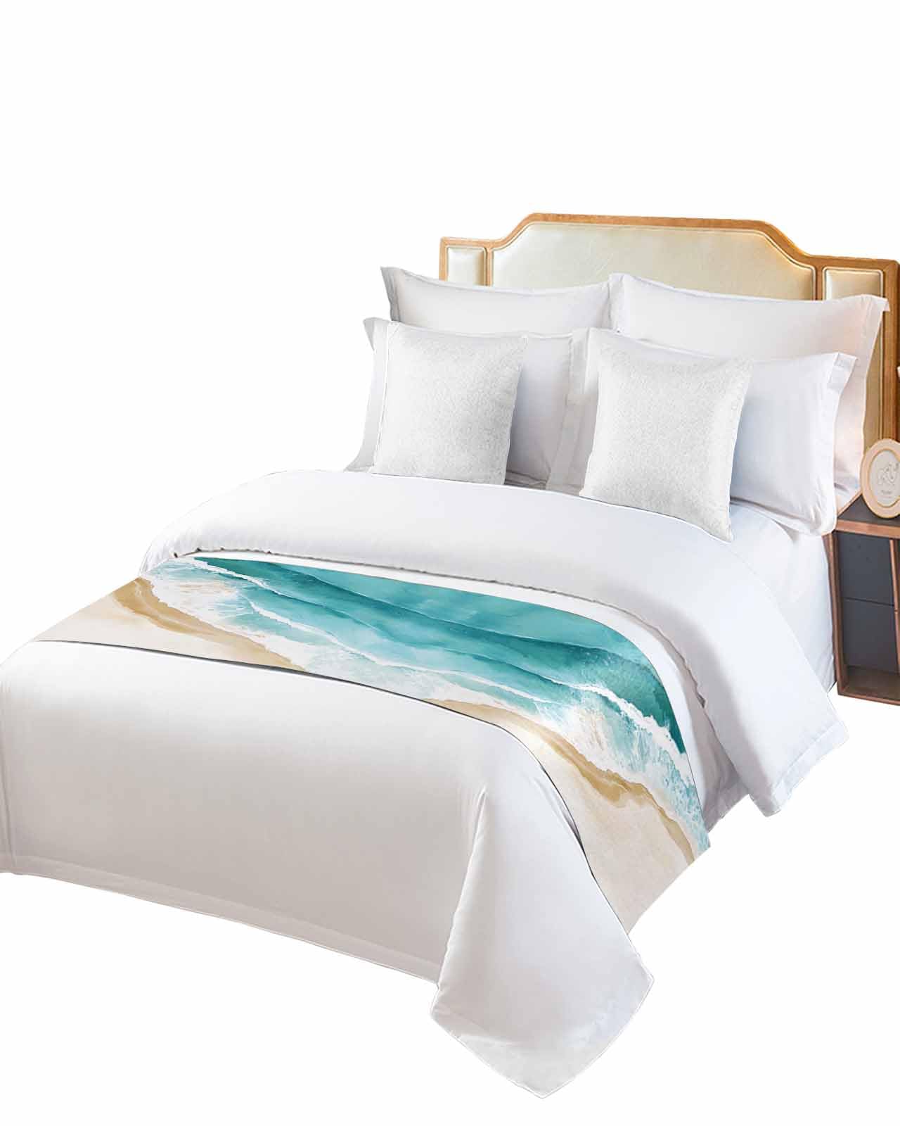 DecorLovee Teal Waves Coastal Bed Runners for Twin Size Bed, Decorative Bed Throws for Foot of Bed, Summer Beach Nautical Ocean Bed Runner Sofa Throw Bedding Scarf Protector Slipcover for Bedroom