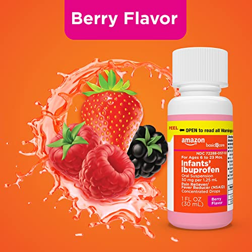 Image of Amazon Basic Care Infants' Ibuprofen Oral Suspension Drops, Pain Reliever and Fever Reducer, 50 mg per 1.25 mL, Berry Flavor, 1 fl oz