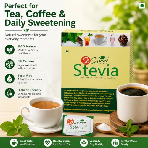 Image of So Sweet Stevia Sugar-Free Natural Zero-Calorie Sweetener, 50 Sachets (Pack of 5), Ideal for Sweetening Drinks, Baking, and Cooking, Diabetic & Keto-Friendly