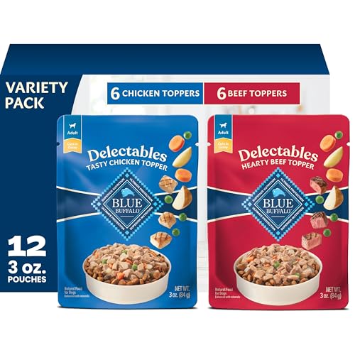 Blue Buffalo Delectables Variety Pack Natural Grain Free Wet Dog Food Topper (Tasty Chicken & Hearty Beef) Tender Cuts in Gravy with Natural Ingredients, Vitamins & Minerals, 3-oz. Each (12 Pouches)