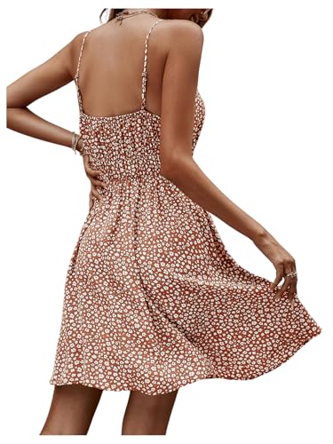 Image of SweatyRocks Women's Boho Floral Print Spaghetti Strap Cami Dress Casual Flare Short Dresses Orange XS