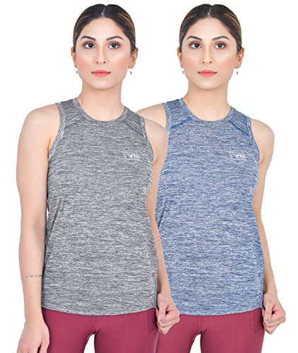 FULL TIME SPORTS® Femmes sans Manches & Col Ras du Cou Shirts, Col Rond Tank Tops pour Yoga, Gym Workout & Running Paquet De 2 (Noire Melange-Bleue Melange, Medium) Cover