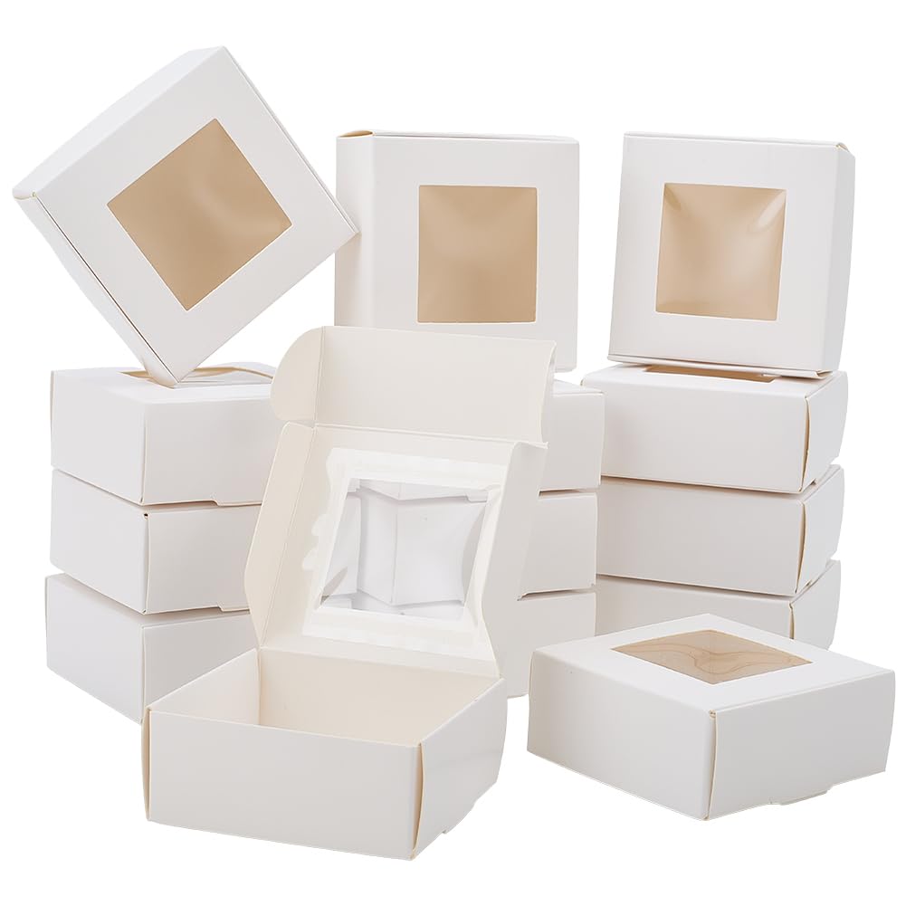 BEAMARKER 20Pcs Small Soap Packaging Boxes 3x3x1.2 Inch White Square Paper Gift Wrapping Box Clear Window Foldable for Bakery Cookies Cake Candy Handmade Soap Birthday Wedding Party Favor