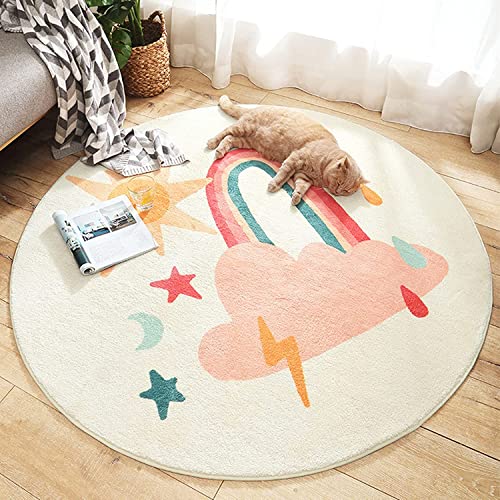 USTIDE Soft Round Rainbow Rug, Washable & Foldable 4ft Children's Decor Non Slip Kids Living Room Rug, Rainbow&cloud, 120 x 120 cm