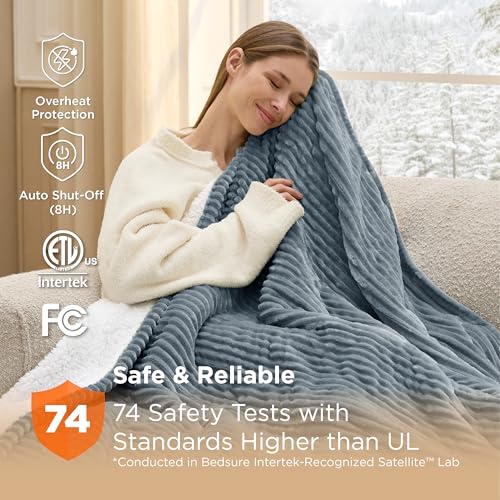 Image of Bedsure GentleSoft Electric Blanket Twin - Soft Ribbed Flannel Heated Blanket, Heating with 6 Time Settings (Up to 10H), 6 Heat Settings & 8Hr Timer Auto Off, Gifts for Grandma (62x84 inches, Grey)