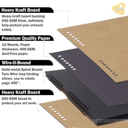 Image of Lakeer 10 inch X 10 inch Black Sketchbook 400 GSM Thick Paper Wireo Bound Hardboard Cover Acid Free 12 Sheets