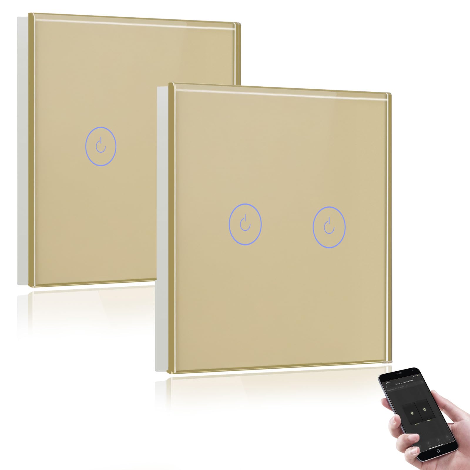 BSEED Smart Light Switch,Compatible with Alexa and Google Home,2 Gang WiFi Touch Switch,2 Way or Multi-Way Control by SmartLife APP,Gold Alexa Switch with LED Indicator Light-Neutral Wire Need-2pack — image 1