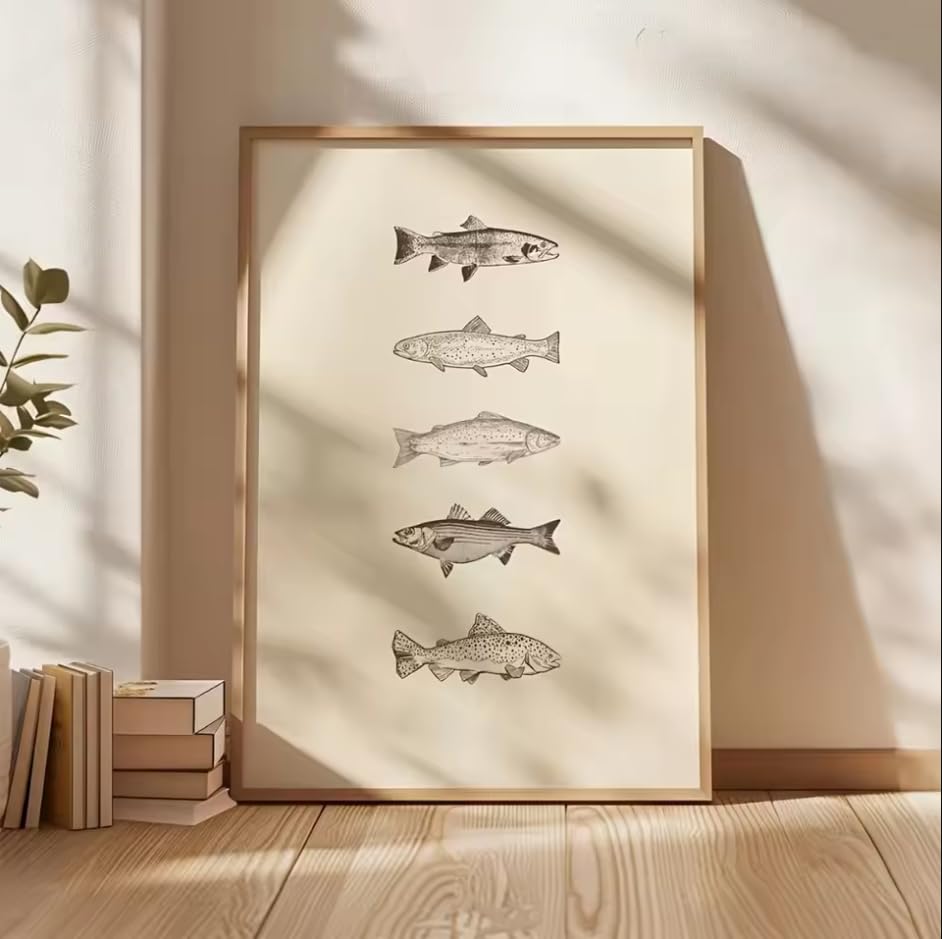 Póster de peces retro Rumlly lienzo beige de 60x80 cm decorativo sin marco