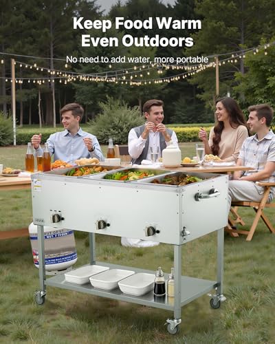 Image of VEVOR 3-Pan Commercial Propane Steam Table, LP Gas Outdoor Soup Warmer with Drain Valve and 3 inch Wheels, Stainless Steel Propane Food Warmer with Independent Temp Control, for Restaurant Outdoor Camping