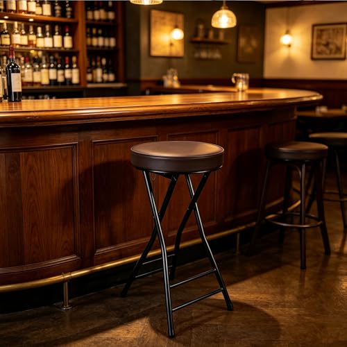 Image of Folding Bar Stool,24 Inch Tall Foldable Stool Chair,Counter Height Cushioned Leather Padded Portable Stools,Heavy Duty Collapsible Stools for Kitchen Island Garden Camping Brown