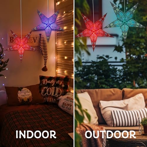 Image of GalaxyArts Paper Star Lanterns, 24 Inch Red Chakra 3D Light-Up Hanging Lamp, Handcrafted Hollow Out 5-Point Star Decoration for Christmas, Wedding, Birthday, Parties, Indoor Outdoor Holiday Home Decor