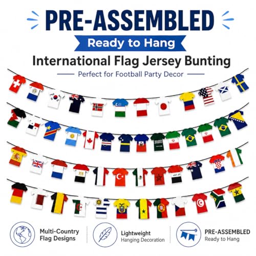 Image of Wanna Party 2026 World Cup Soccer Jersey Flags Paper Bunting Banner - 48 Country International Country 4 Pack String Flags for Sports Parties, Fan Decorations, Outdoor Celebrations, Olympic Event