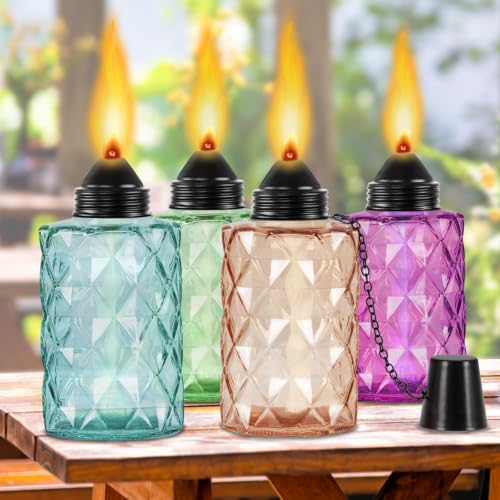 Glass Table Top Torch Outdoor Torch Canisters 12 oz Refill Canister with Wicks and Covers Patio Torch for Luau Party DIY Garden Decor (4 Packs) (Multi-Color)