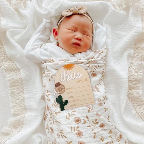 Image of Wooden inchHello World inch Baby Announcement Board - Newborn Birth Sign, Baby Shower Decor, Hospital Nursery Information Board, Baby Milestone Photo Prop, Gender Neutral Keepsake (Cowboy Hat Sun Cactus)