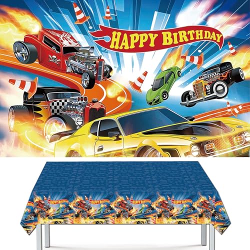 Hot Race Car Party Decorations | Game Birthday Supplies Set with Plastic Table Cover (42.5 x 70.8 inches) & Photography Backdrop (59 x 39 inches) for Kids Truck Parties