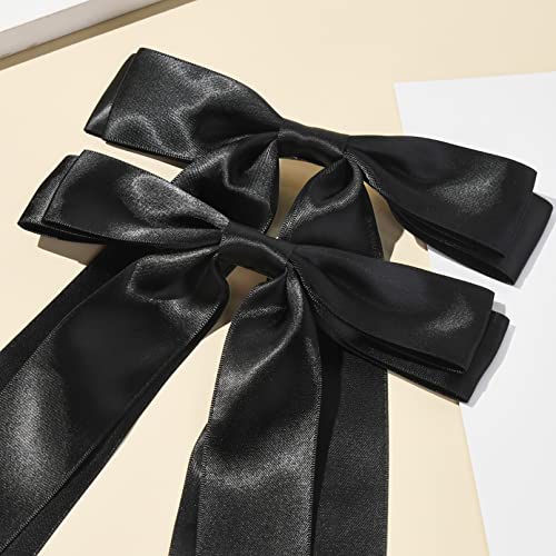 Large Satin Hair Bows 2Pcs Hair Ribbons For Women Ceelgon Big Long Black Ballet Style Hair Bows French Barrette Vintage Accessories For Girls-Black #TOP5