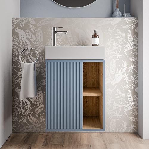 BERNSTEIN - Petit meuble vasque suspendu salle de bain MDF lavabo céramique DURAVIT 1 porte charnière à gauche + 2 cases rangement - Bleu Azur mat -...