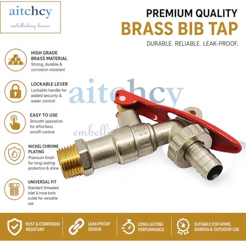 Image of 1 /2 inch Brass Bib Cocke with Lockable Metal Lever | Heavy Duty Brass Bib Tap with Hose Nozzle | Nickel Chrome Plated Outdoor Water Tap for Garden, Car Wash & Utility Use