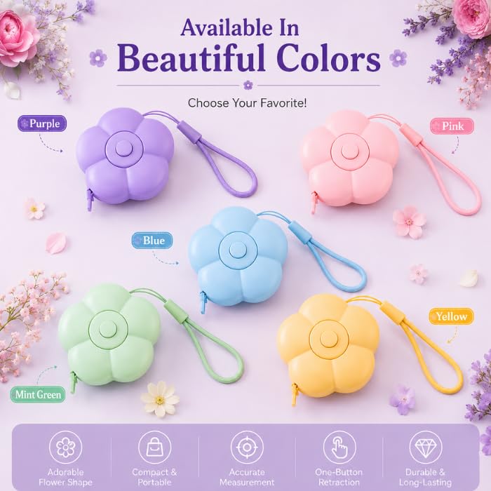 Image of Woffely Flower Shape Retractable Measuring Tape Soft Tape Measure with One-Button Retraction, Portable Mini Measuring Tape with Wrist Strap for Sewing, Tailoring, Body Measurement & Craft