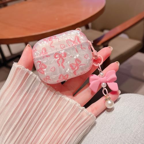 Image of MINSCOSE for Cute Glitter AirPods Pro 2nd /1st Generation Case,Shell Pattern Bow Ribbon Trendy Design with Bowknot Pearl Keychain,Protective Shockproof Cover for Airpods Pro /Pro 2-Pink