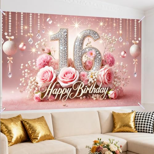 Image of Nuxovilar 16th Birthday Banner - Elegant Pink & Gold Floral Backdrop | with Glitter inch16 inch Sign, 71x43 Inch Large Party Decor for Women & Men, Reusable Indoor /Outdoor Hanging