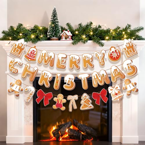 Image of Merry Christmas Banner Gingerbread Christmas Hanging Decoration 3PCS Gingerbread Theme Garland Banner for Holiday Home Office Fireplace Wall Decor Outdoor Indoor Xmas Party Banner