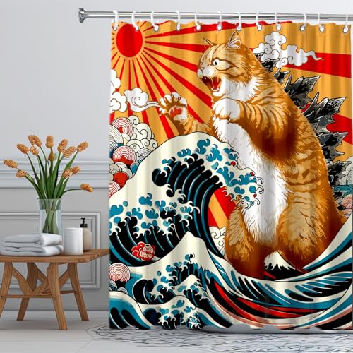 Image of Funny Japanese Cat Shower Curtain, Vintage Orange Cat Japan Anime Ocean Wave Waterproof Shower Curtain with Hooks, Funky Animal Sun Fabric Shower Curtains Kids Bathroom Decor 72X72inches