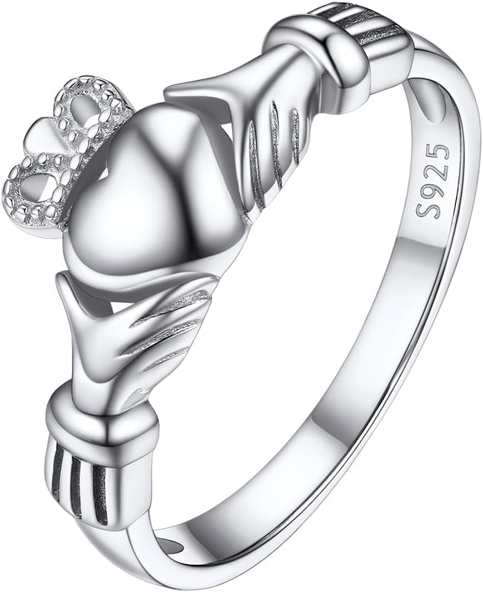 FOCALOOK 925 Sterling Silver Irish Claddagh Love Heart Celtic Knot Crown Engagement Wedding Promise Band Ring for Women, Size 4-12