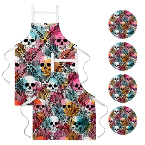 Tablier de cuisine lot de 2 avec motif crâne pour bistrot
