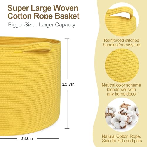 Image of MEGASKET Extra Large 115L Yellow Basket, 23.6 inch x15.7 Cotton Rope Yellow Decor for Living Room Bedroom, Woven Basket for Blanket, Laundry, Towel, Shoe, Kids Toy Box Organizer, Room Decor Storage Bin