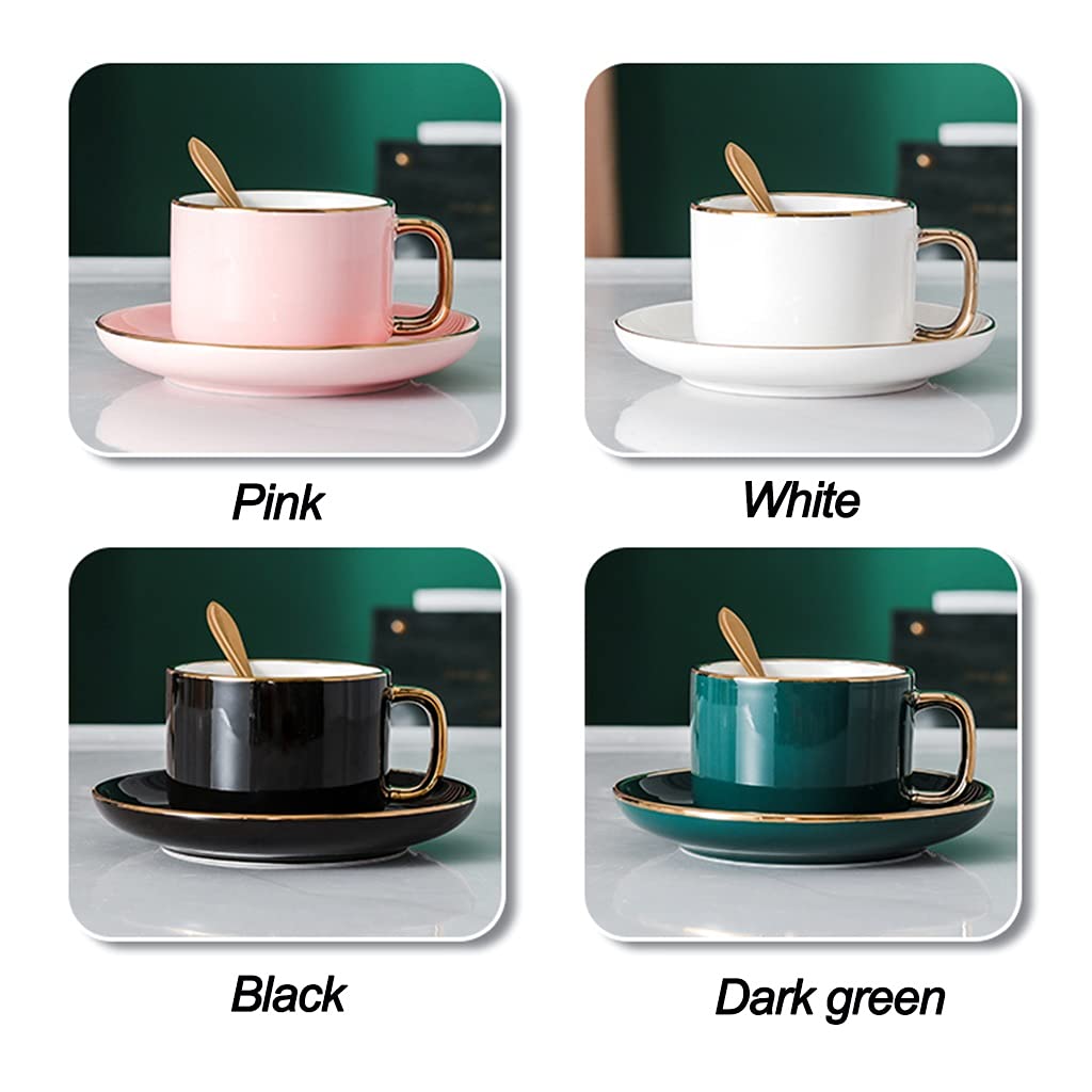 Taza de Porcelana Fina, Taza de Porcelana y Conjunto de Platos, Taza de café, Negro, 8,5 onzas para Bebidas de café, café con Leche, café, Moca y té, Taza de té de Mano Dorada con platillo
