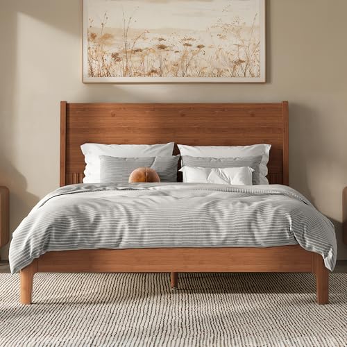 Image of Bellemave Full Size Bamboo Bed Frame with Headboard,Bamboo Platform Bed Frame Full Size with Tall Headboard and Wood Slats,Easy Assembly,Warm Brown