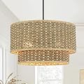 14" Handwoven 2-Light Rattan Chandelier, Adjustable Height Natural Tiered Drum Pendant Light, Boho Farmhouse Seagrass Chandelier for Kitchen Island, Bedroom, Dining Room, Living Room, Entryway