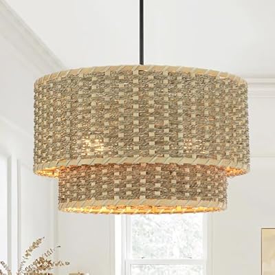 14" Handwoven 2-Light Rattan Chandelier, Adjustable Height Natural Tiered Drum Pendant Light, Boho Farmhouse Seagrass Chandelier for Kitchen Island, Bedroom, Dining Room, Living Room, Entryway