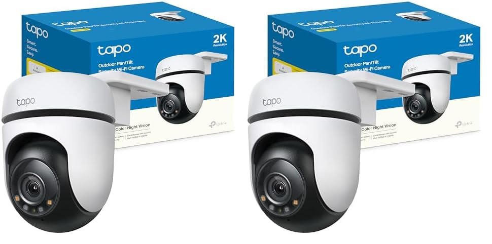 Tapo C510W - Cámara de vigilancia Wi-FI para Exteriores de 360º, visión Nocturna a Todo Color de 2k (3MP), detección de Personas con IA, Seguimiento de Movimiento Inteligente, IP65 (Paquete de 2)
