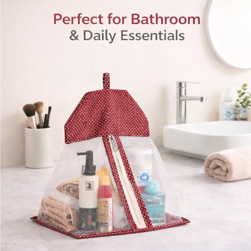 Image of Kuber Industries 2 Pcs Cotton Dot Print Net Storage Hanging Organizer Bag for Undergarment | See Through Hanging Innerwear Organiser For Wardrobe | Maroon