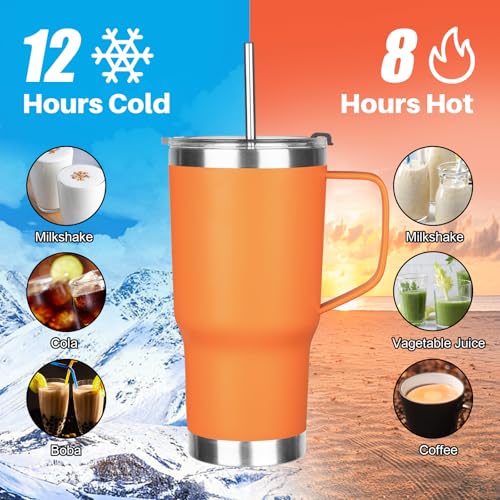 Image of 20 oz Tumbler with Handle, Stainless Steel Insulated Tumbler with Lid and Straw, Double Wall Vacuum Coffee Mug Tumbler, Insulated Coffee Thermal Cup for Cold and Hot (Orange, 20 Ounces)