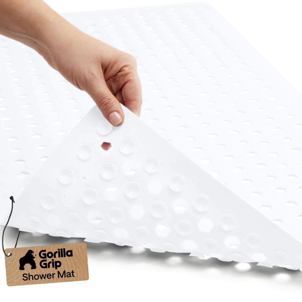 Patented Bath Tub Shower Mat, Machine Washable Bathtub Floor Liner Mats, Suction Cups and Drain Holes to Keep Tubs Clean, Soft on Feet, Bathroom Essentials, 35x16 Inch, White