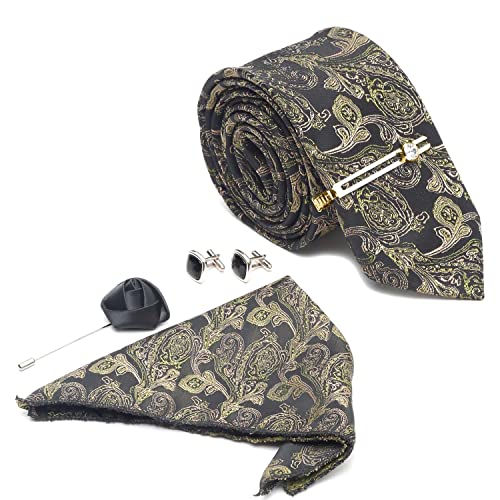 Image of LOUIS STITCH Mens Silk NeckTie Golden Tiepin Gift Combo Set With Pocket Square Cufflinks Brooch Tie Golden Tiepin (Suit Accessories) (Britain)
