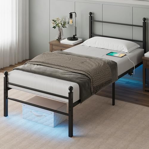 Twin Size Bed Frame with Headboard - Metal Platform Bed with LED Lights Charging Station Under Bed Storage and Heavy Duty Steel Slats Support - No Box Spring Needed Easy Assembly Black