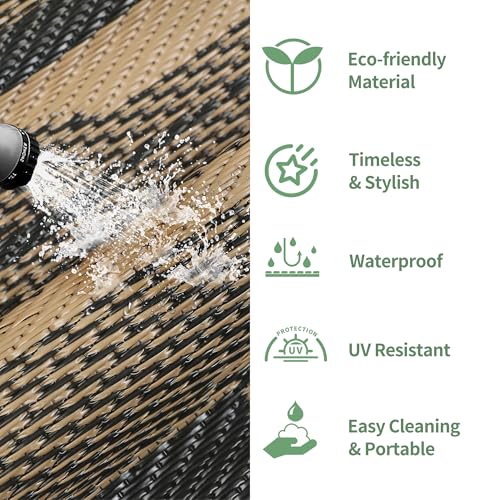 Image of GENIMO Outdoor Rug, Waterproof Plastic Rugs for Patio, 6'x9' Walnut Brown | Outside Larger Modern Carpet Mat for Porch Decor, Deck, Balcony, Camping, RV, Backyard, Picnic, Beach, Reversible, Foldable