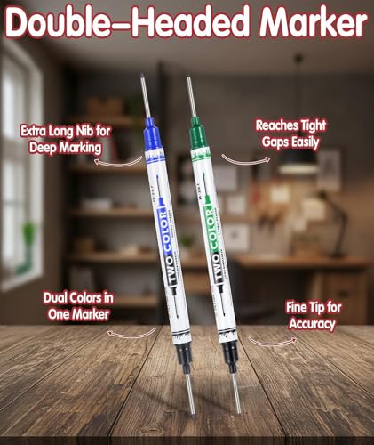 Image of INOCEAN 4PCS Long Nib Marker Pen, Marker Pen Permanent, Deep Hole Marker for Wood, 20mm Double Tip Dual Color Set of Four, Black White Red Blue Green, All Weather Marking Tool for Construction DIY