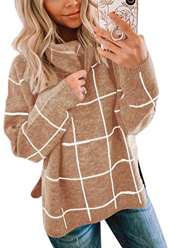 Image of ECOWISH Women Fall Pullover Sweater Turtleneck Plaid Long Sleeve Loose Casual Chunky Checked Knit Winter Sweaters Jumper Tops