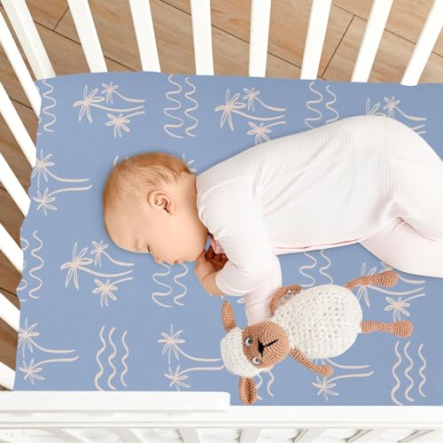 Image of Fitted Crib Sheets Palm Tree Ocean Waves Boho Stretchy Portable Playard Sheets for Baby Toddler, Breathable Soft Mini Crib Mattress 39 x 27 in for Boys and Girls