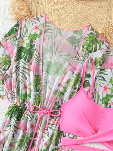 Image of WDIRARA Girl's 3 Piece Swimsuits Tropical Print Criss Cross Bikini Set with Kimono Cover Ups