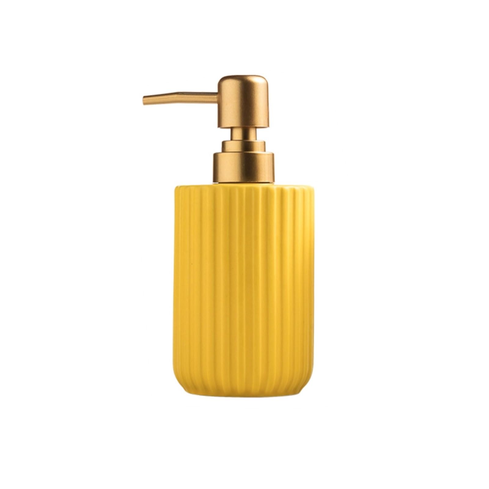10.1oz Round Ceramic Soap Dispenser Vertical Pattern, Matte Glaze, Non-Slip Base, Countertop Lotion(Gelb)
