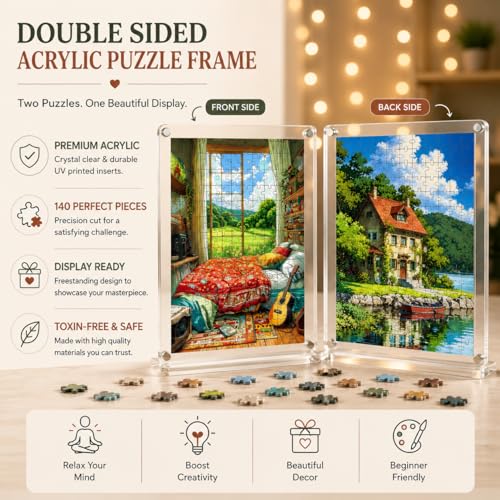 Image of Mini Leaves Morning Light Acrylic Frame Jigsaw Puzzle 140 Pieces | Cozy Room Desk Decor with Display Frame | Premium Gift for Art & Puzzle Lovers