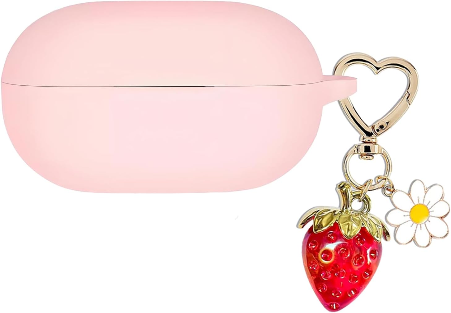 for Beats Solo Buds Case Cover with Cute Strawberry Charm Heart Keychain, Soft Silicone Protective Case Daisy Key Chains for New Beats Solo Charging Case Earbuds for Women Men Pink